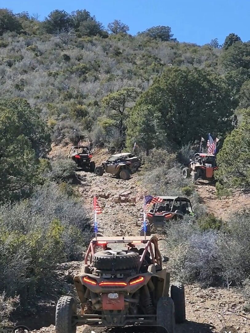 A group of people riding off-road vehicles on top of a hill.