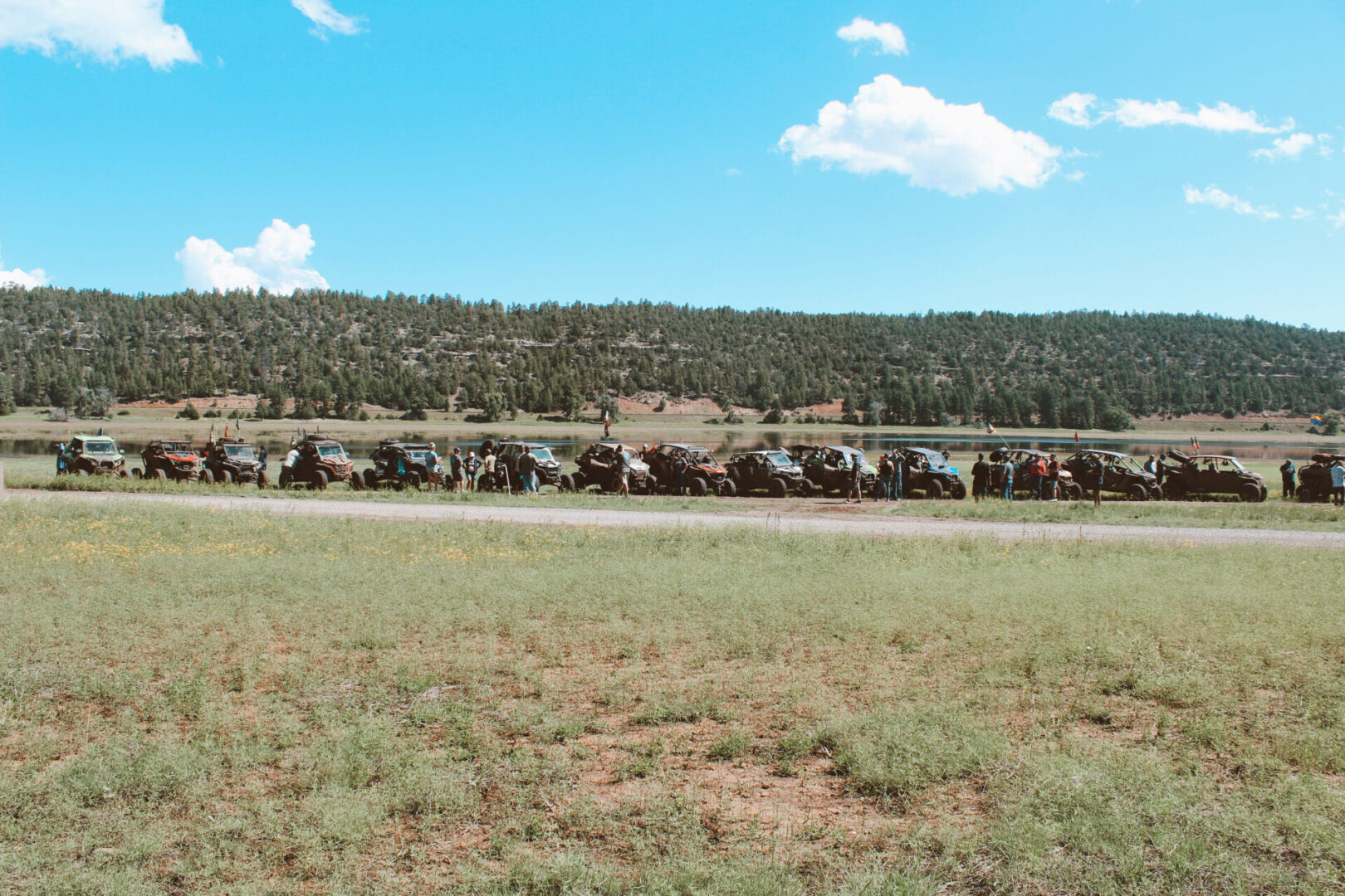 A field with many vehicles parked on it