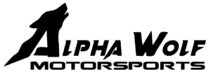 A black and white logo of alpha works motorsports.