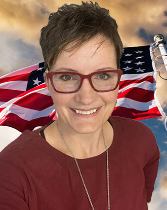 A woman with glasses and an american flag in the background.