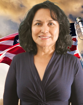 A woman in front of an american flag.