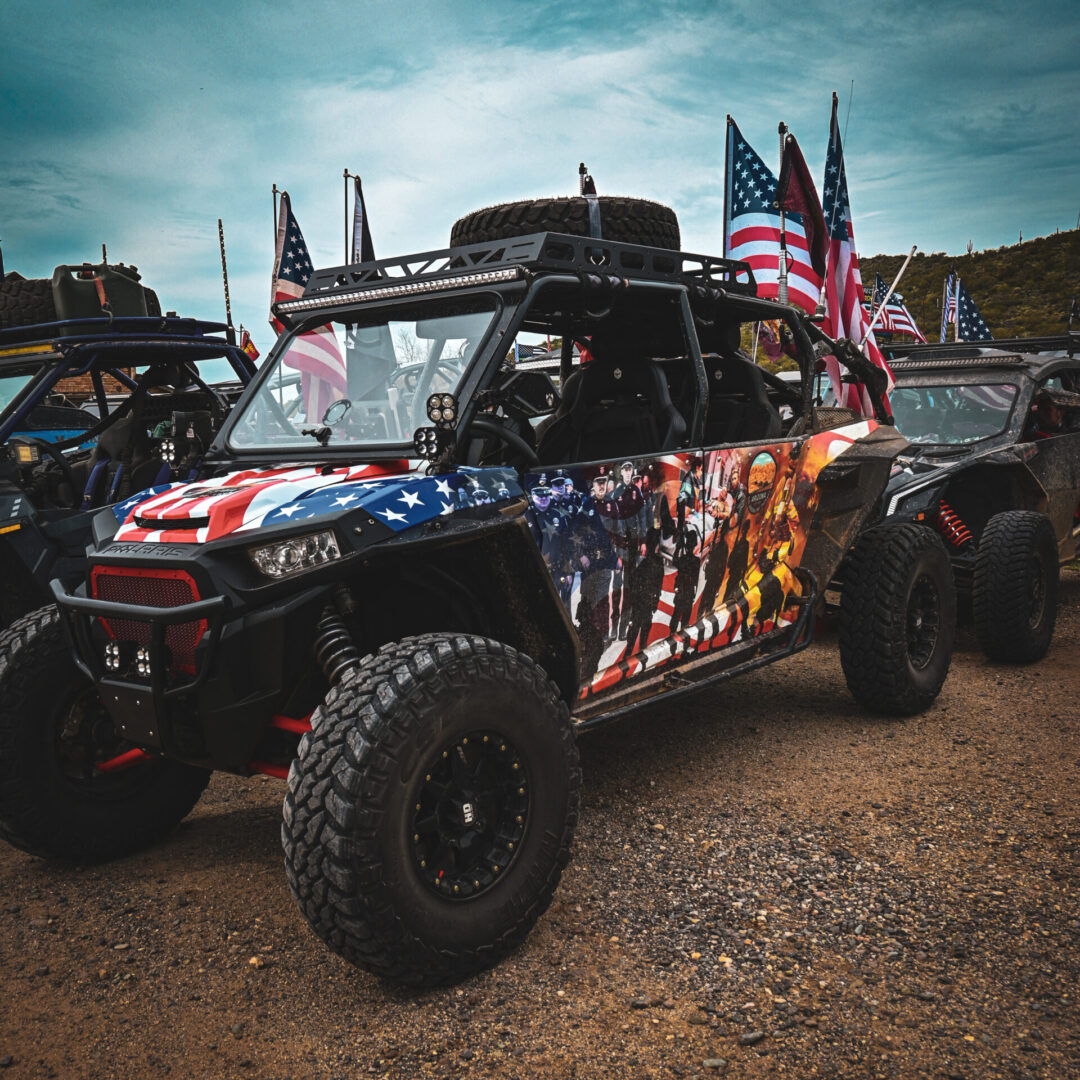 A truck with american flag painted on it.