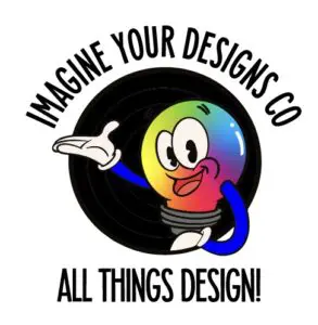 A cartoon of a light bulb with the words imagine your designs co. All things design in it