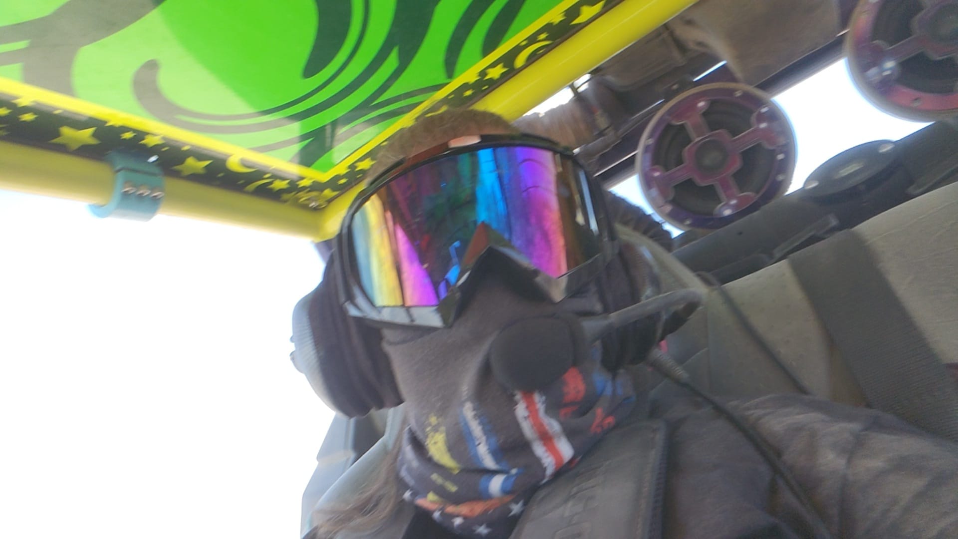 Person wearing reflective goggles and patterned face mask