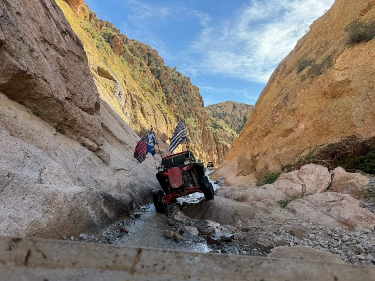 UTV with American flags driving through canyon