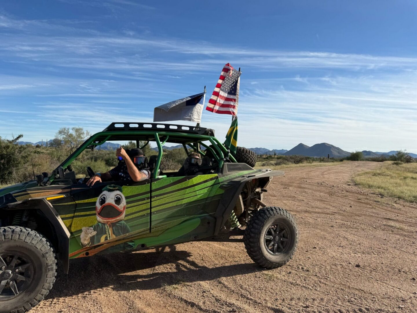 Green off-road UTV with duck decal, American flag