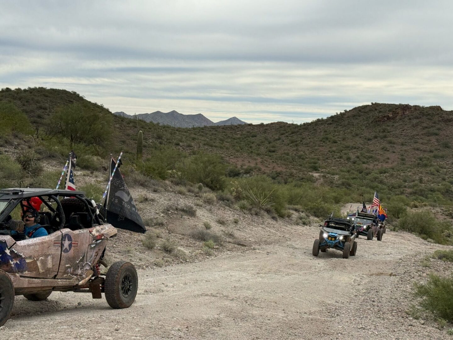 Off-road buggies with flags on desert trail