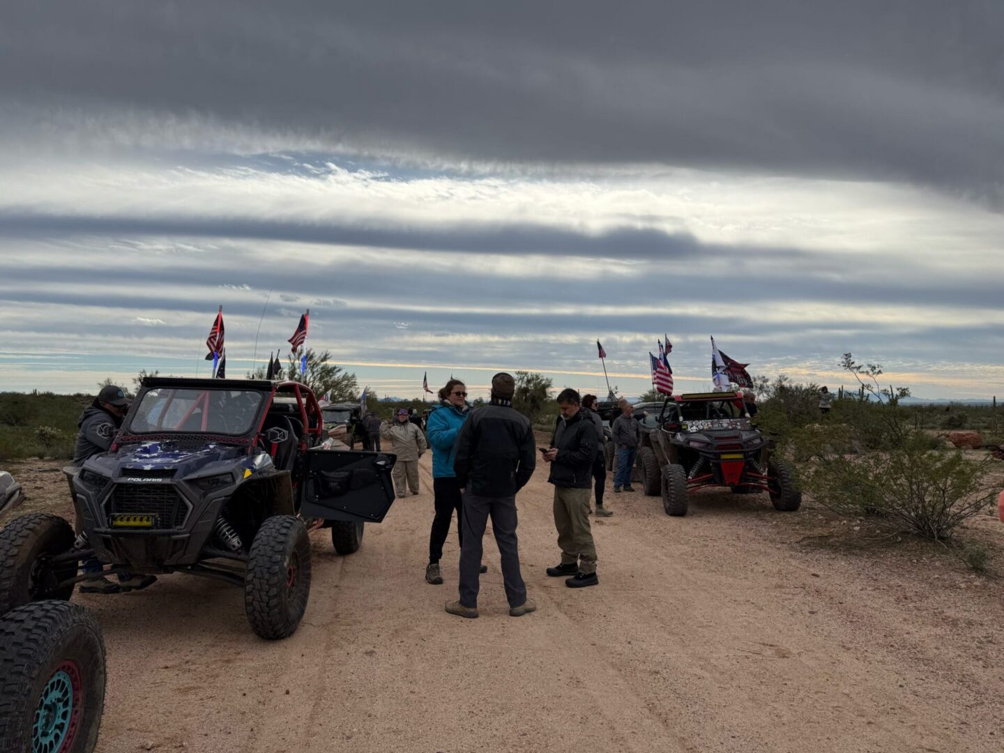 Off-road vehicles with flags on desert road