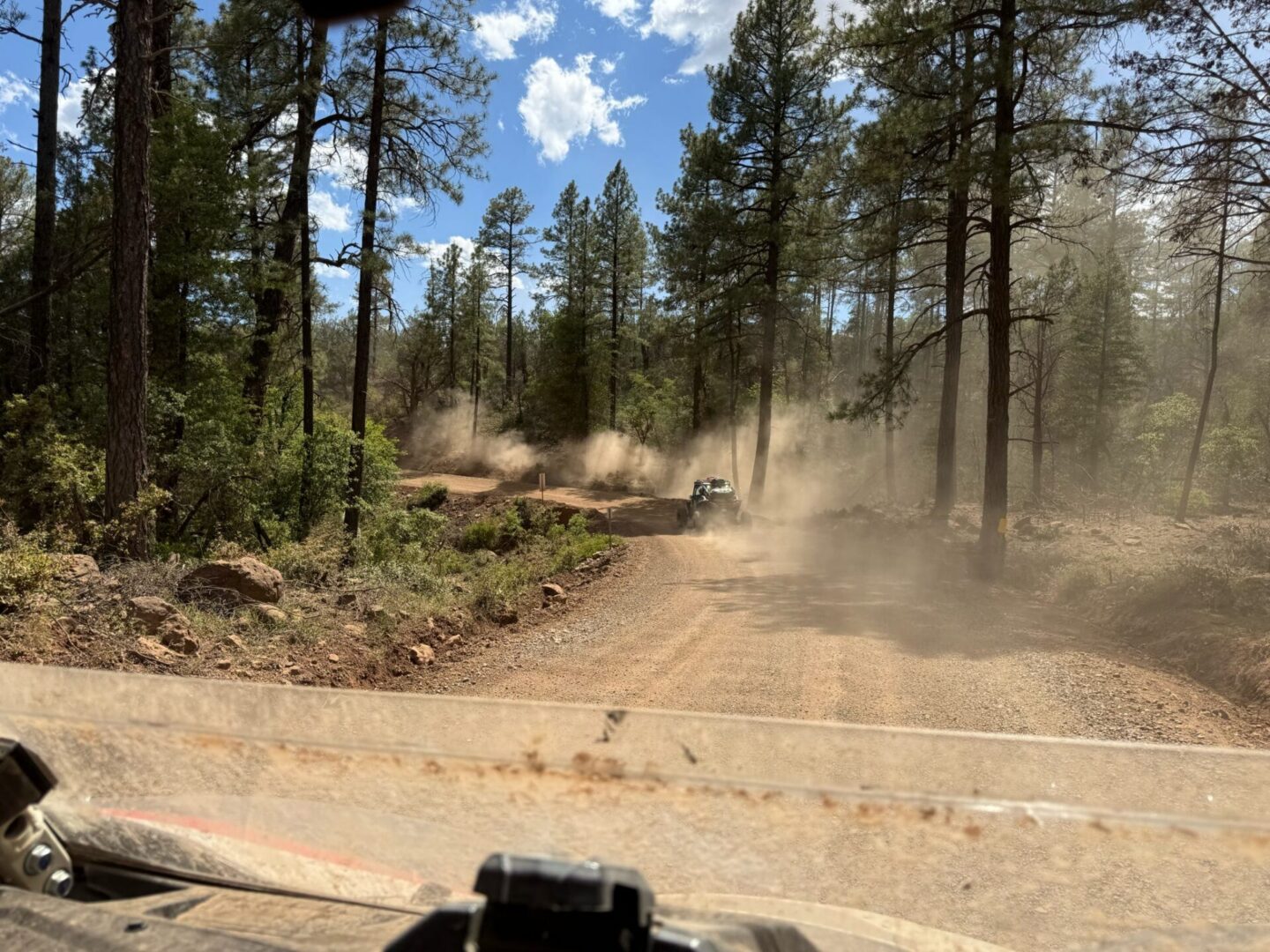 Off-road vehicle kicking up dust on forest trail